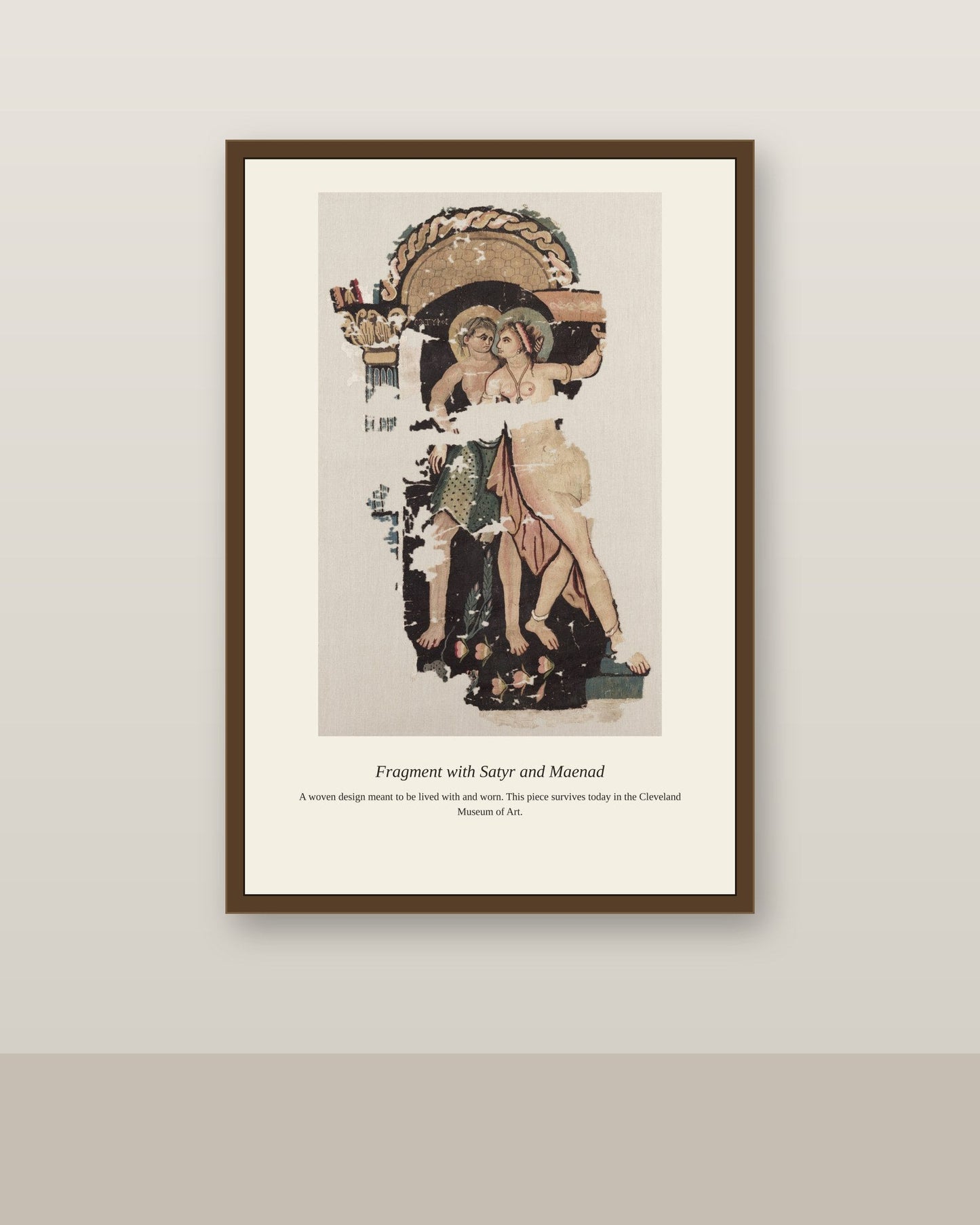 Fragment with Satyr and Maenad antique textile print shown framed on a wall in a styled room