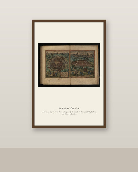 Frans Hogenberg, Mexico antique city map print shown framed on a wall in a styled room