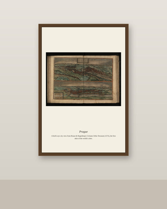 Frans Hogenberg, Praga antique city map print shown framed on a wall in a styled room