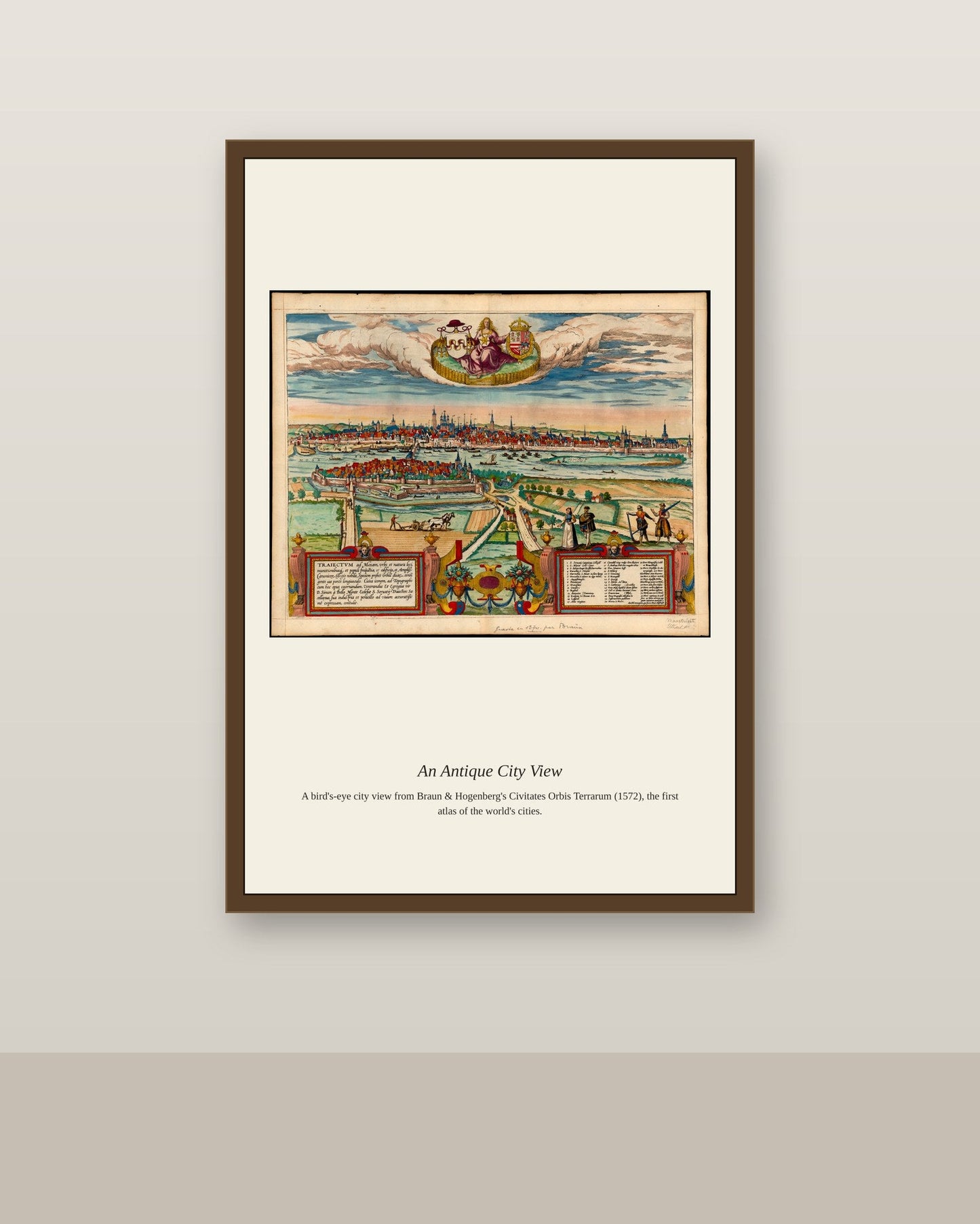Frans Hogenberg, Traiectum Mosam antique city map print shown framed on a wall in a styled room
