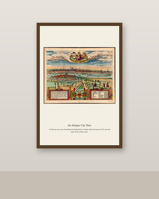 Frans Hogenberg, Traiectum Mosam antique city map print shown framed on a wall in a styled room