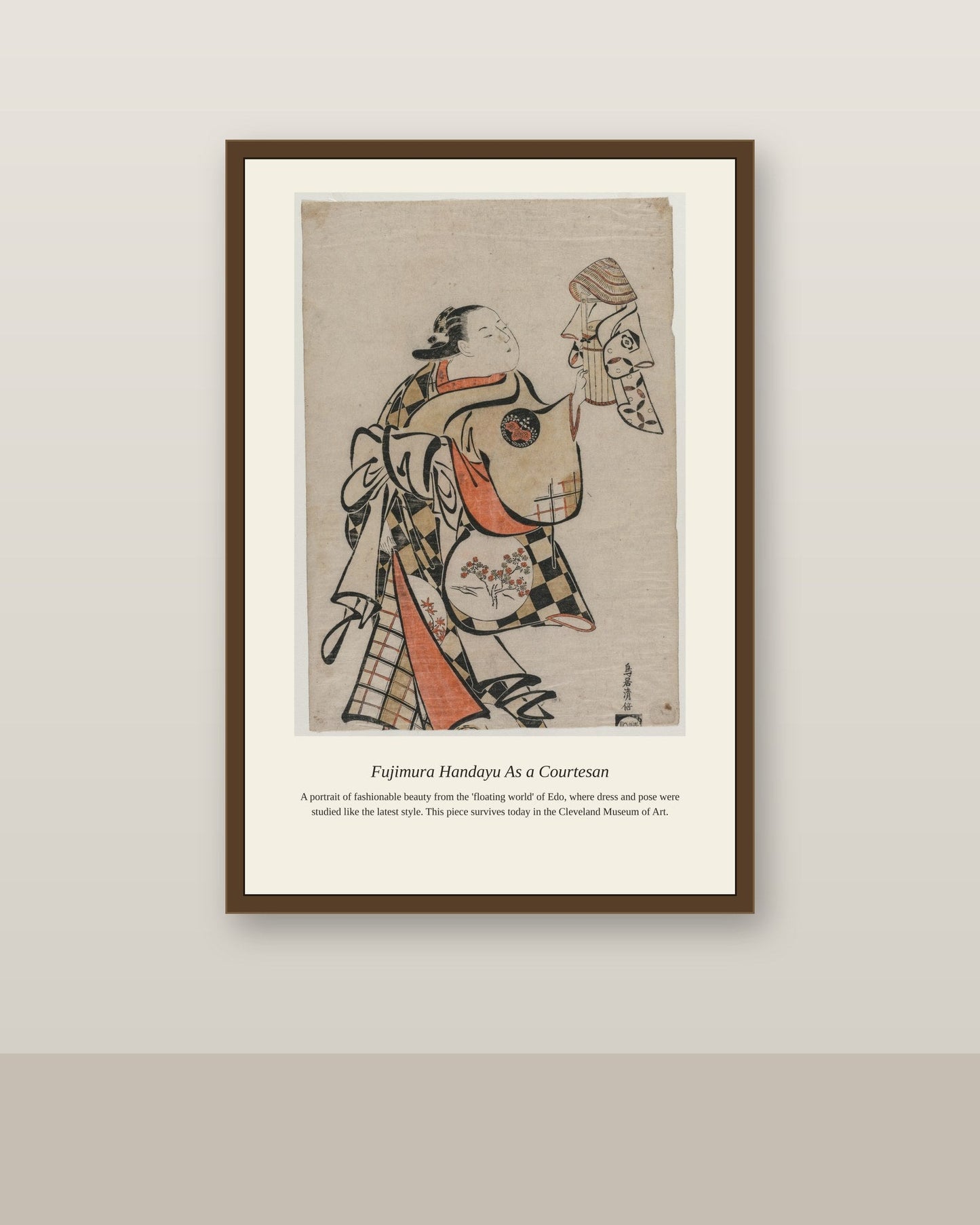 Fujimura Handayu As a Courtesan antique portrait print shown framed on a wall in a styled room