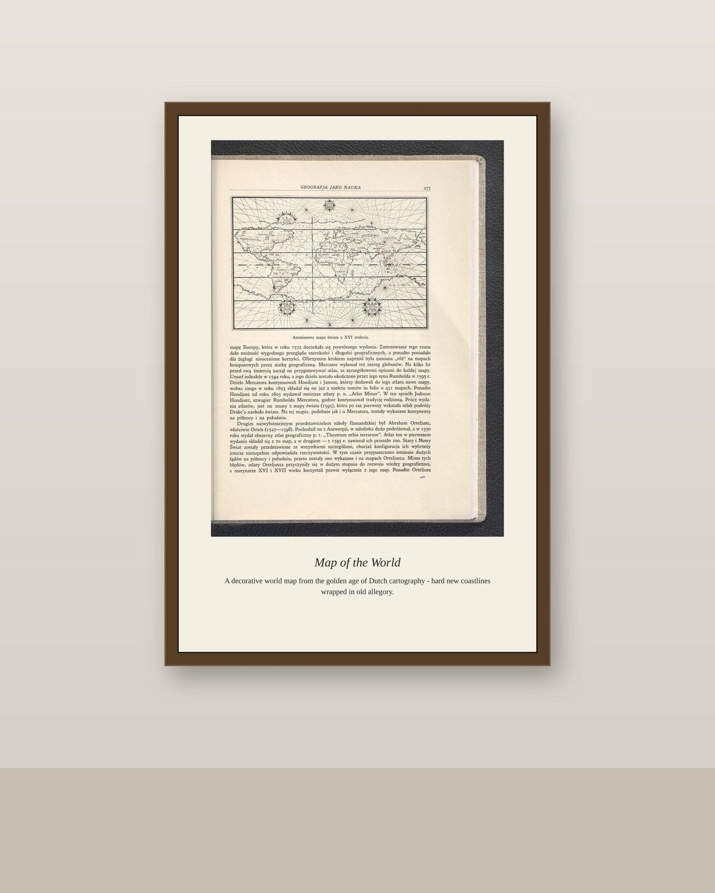 Geografja Jako Nauka antique art print shown framed on a wall in a styled room