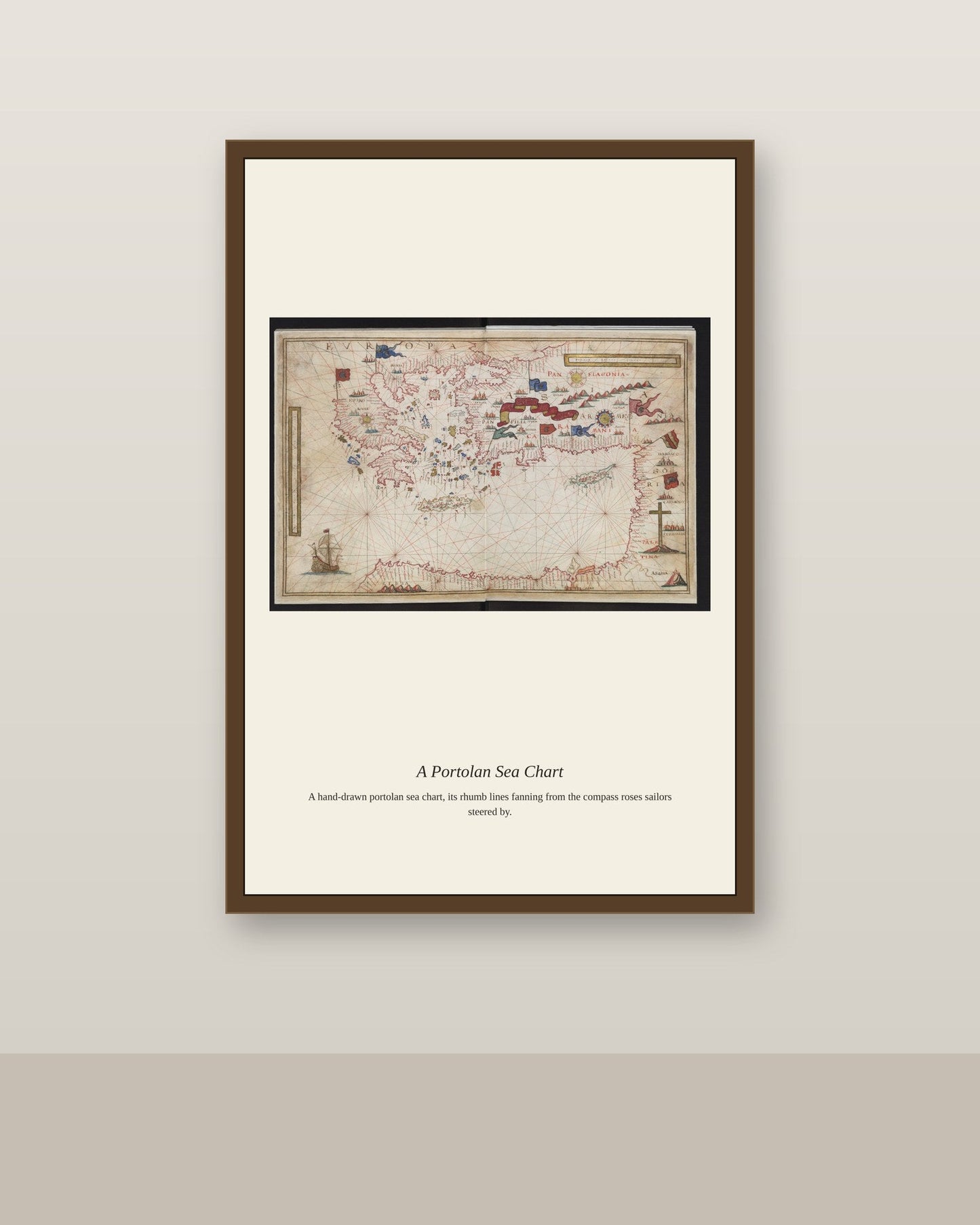 Geographicae Tabulae in Charta Pergamena antique art print shown framed on a wall in a styled room