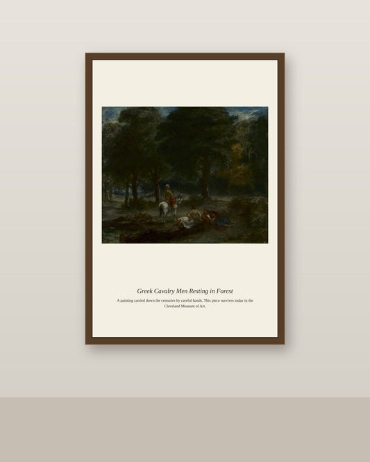 Greek Cavalry Men Resting in Forest - Ancient Historical Print antique historical print shown framed on a wall in a styled room