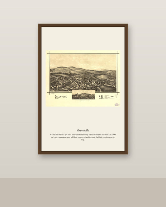 Greenville antique map print shown framed on a wall in a styled room