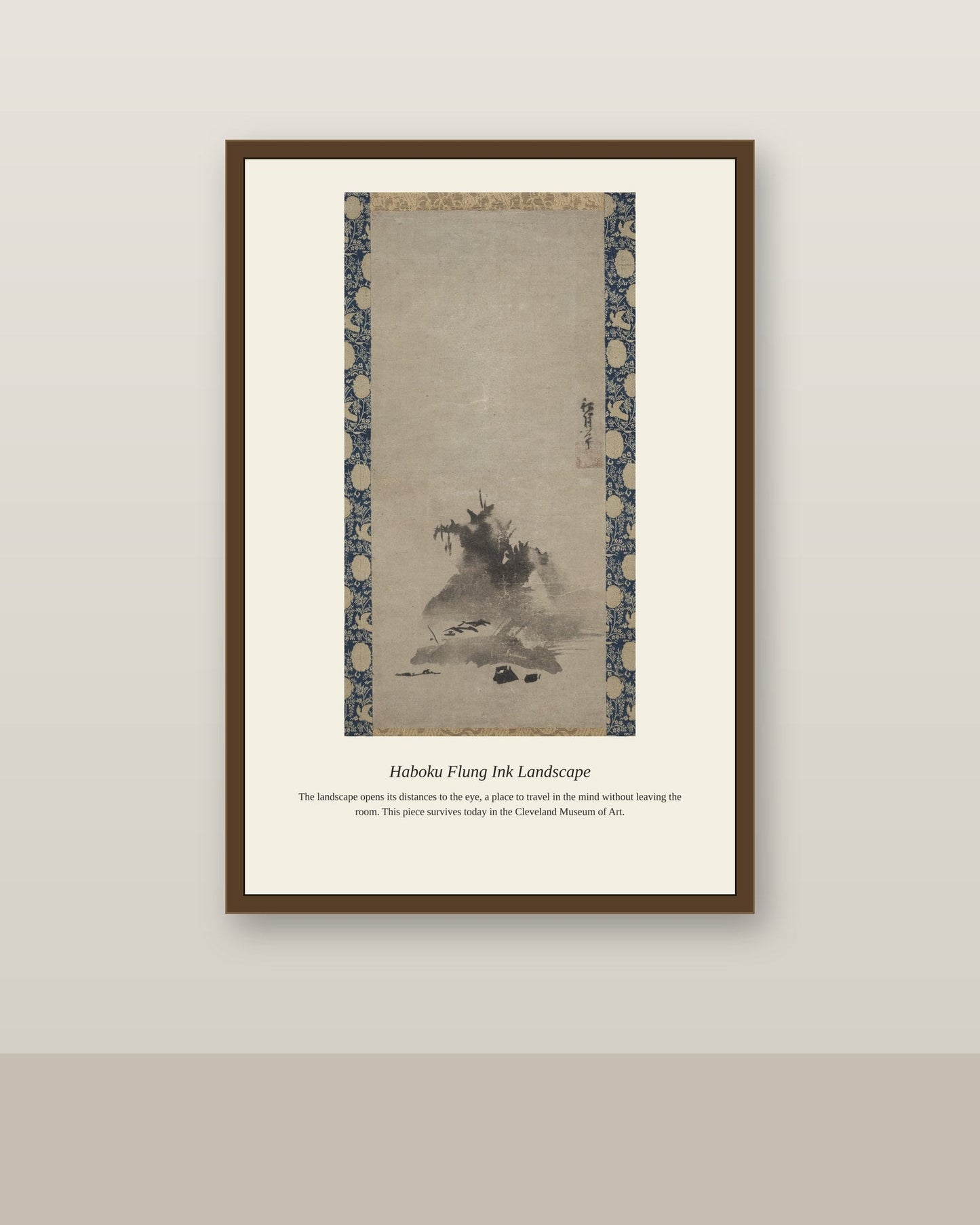 Haboku Flung Ink Landscape antique landscape print shown framed on a wall in a styled room