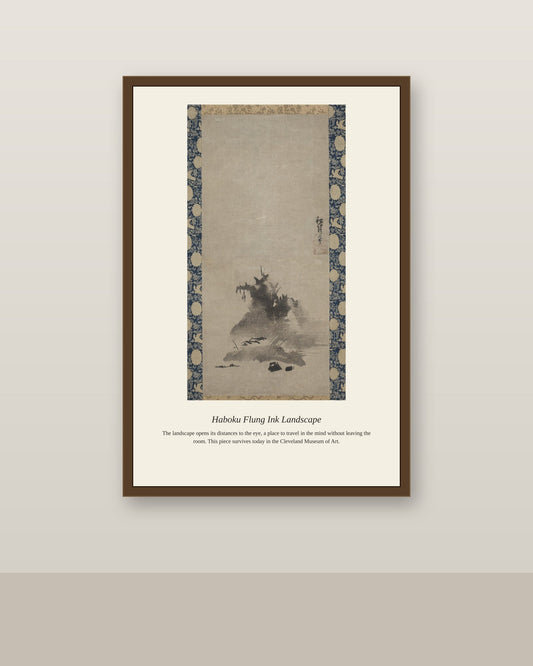 Haboku Flung Ink Landscape antique landscape print shown framed on a wall in a styled room