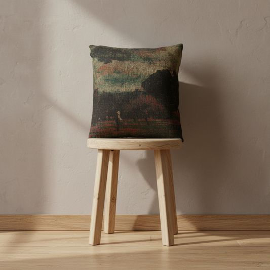 A square throw pillow with a textured, painterly landscape print in earthy tones of green, brown, and red, displayed on a light wood stool against a textured beige wall.