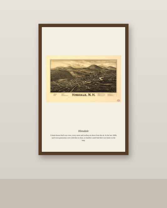 Hinsdale antique map print shown framed on a wall in a styled room