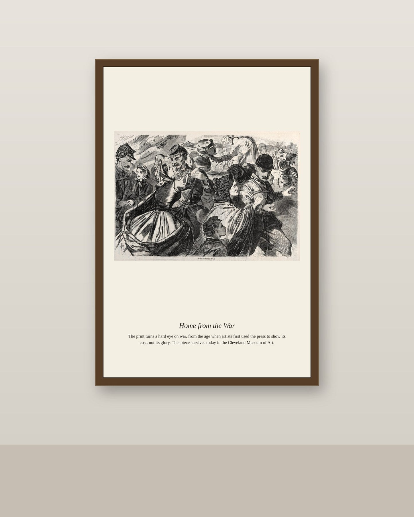 Home from the War antique historical print shown framed on a wall in a styled room