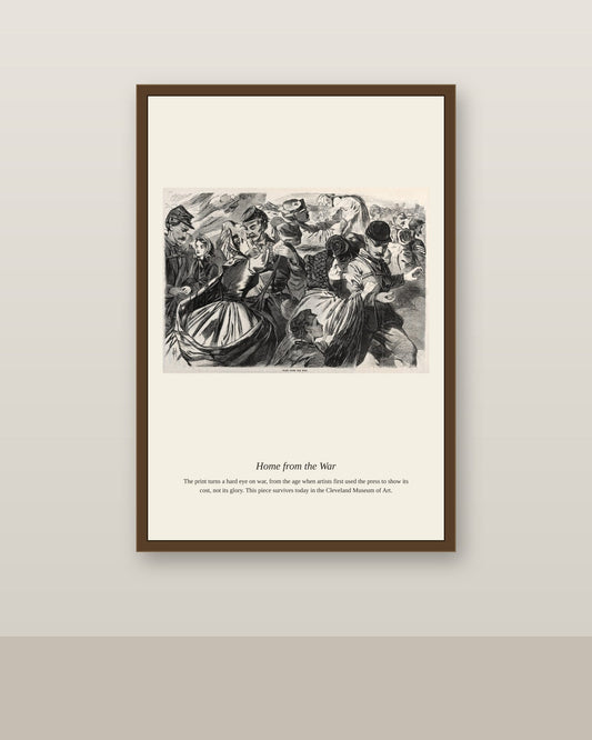 Home from the War antique historical print shown framed on a wall in a styled room
