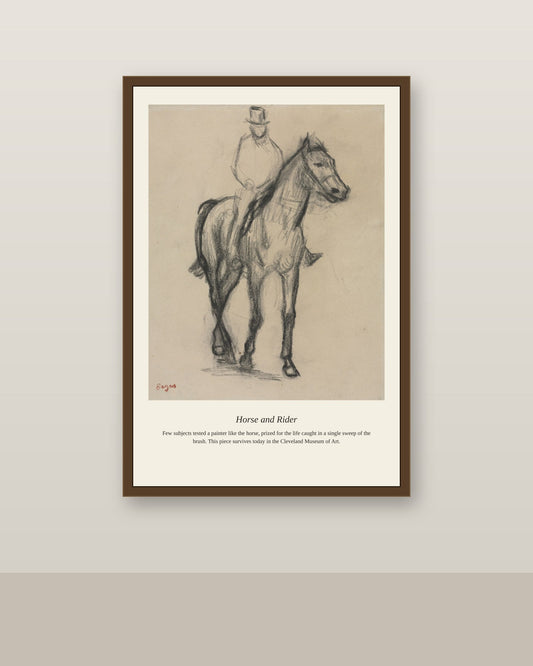 Horse and Rider antique natural history print shown framed on a wall in a styled room