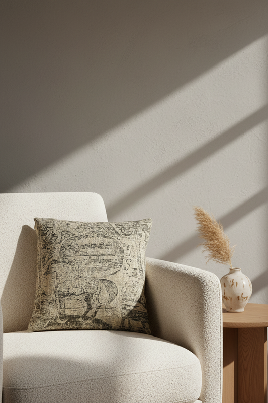 A square throw pillow with a vintage-style map print in beige and gray sits on a cream-colored armchair in a sunlit room. A small wooden side table with a ceramic vase and dried pampas grass is visible next to the chair against a textured wall with soft window shadows.