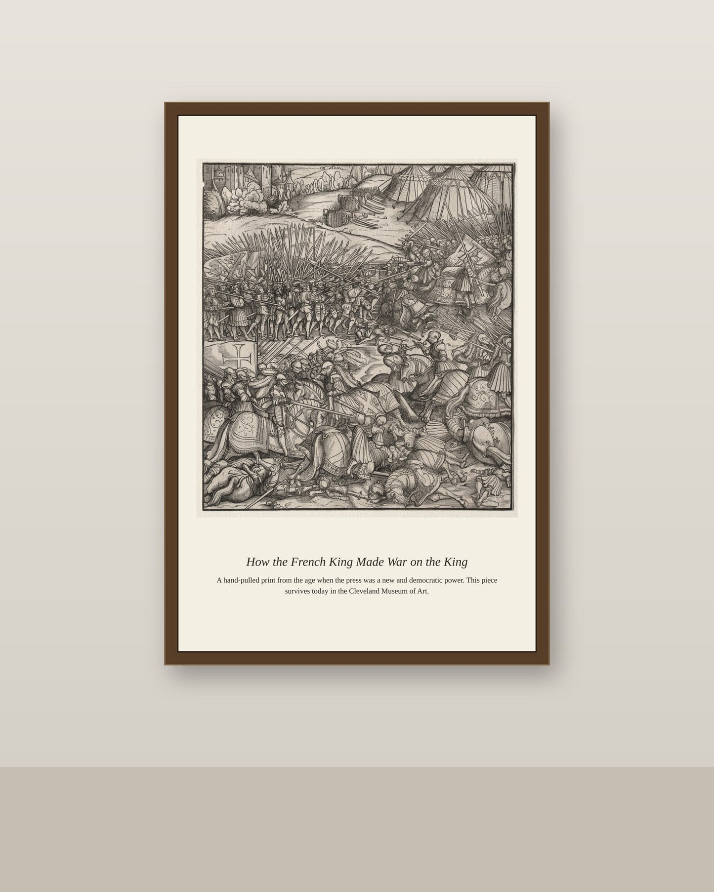How the French King Made War on the King antique historical print shown framed on a wall in a styled room