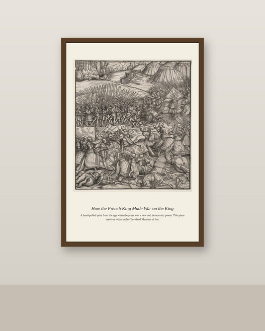 How the French King Made War on the King antique historical print shown framed on a wall in a styled room