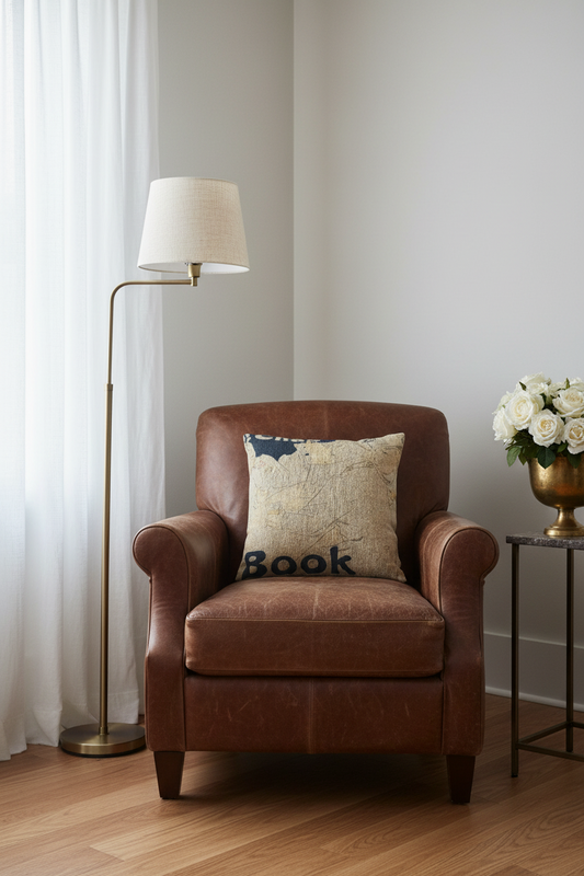A brown leather armchair in a styled room corner, featuring a beige textured throw pillow with the word 'Book' printed in navy blue. A brass floor lamp stands to the left near a white curtain, and a small side table with white roses is on the right.
