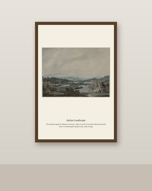 Italian Landscape antique landscape print shown framed on a wall in a styled room