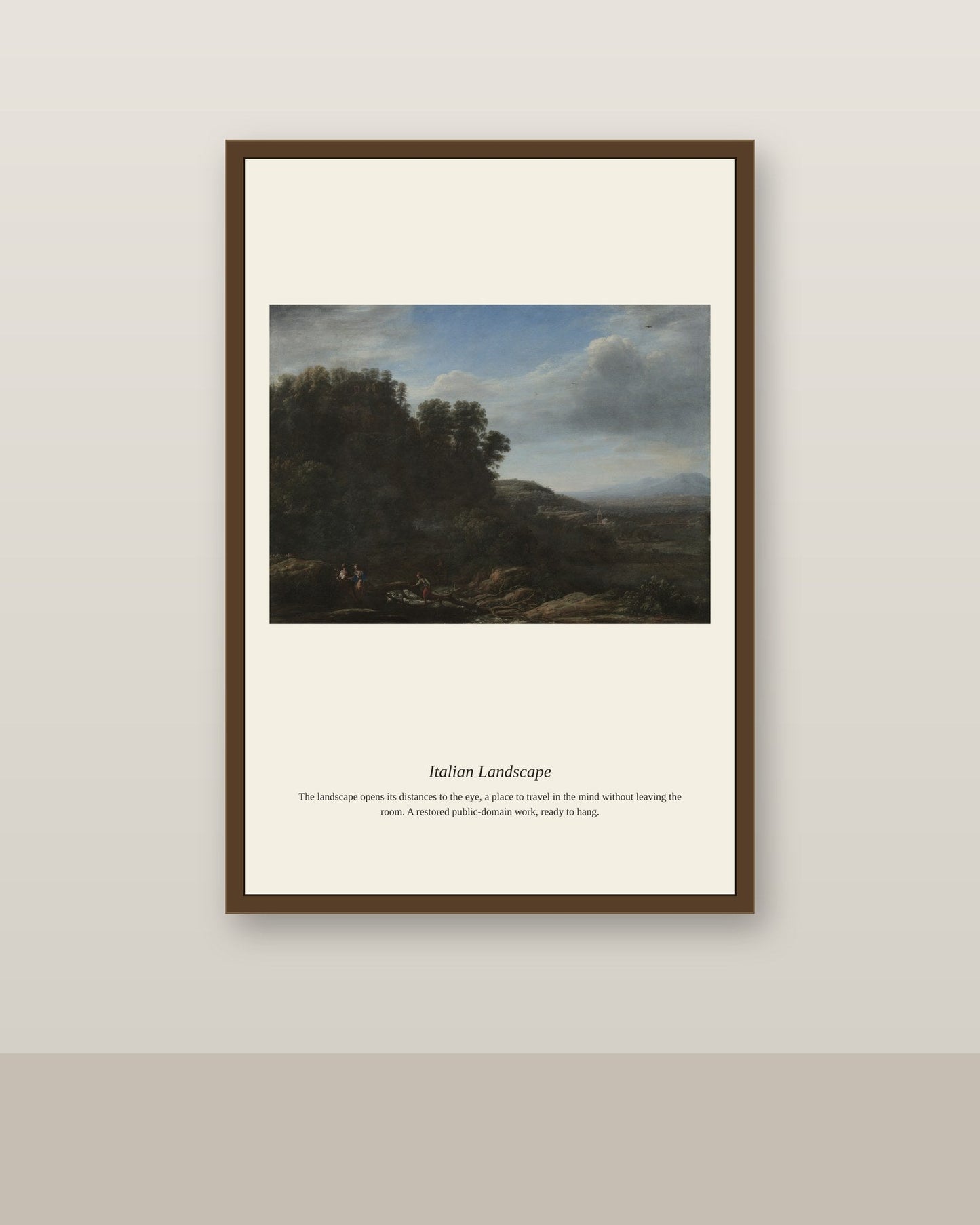 Italian Landscape (2) antique landscape print shown framed on a wall in a styled room
