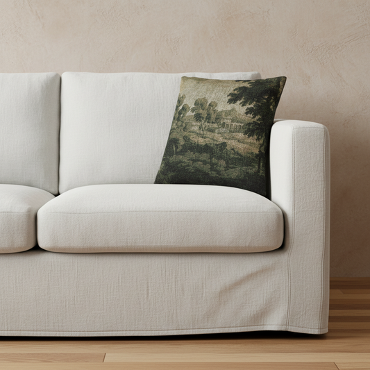 A cream-colored fabric sofa with a square throw pillow featuring a dark green and brown landscape painting, set against a textured beige wall and light wood flooring.
