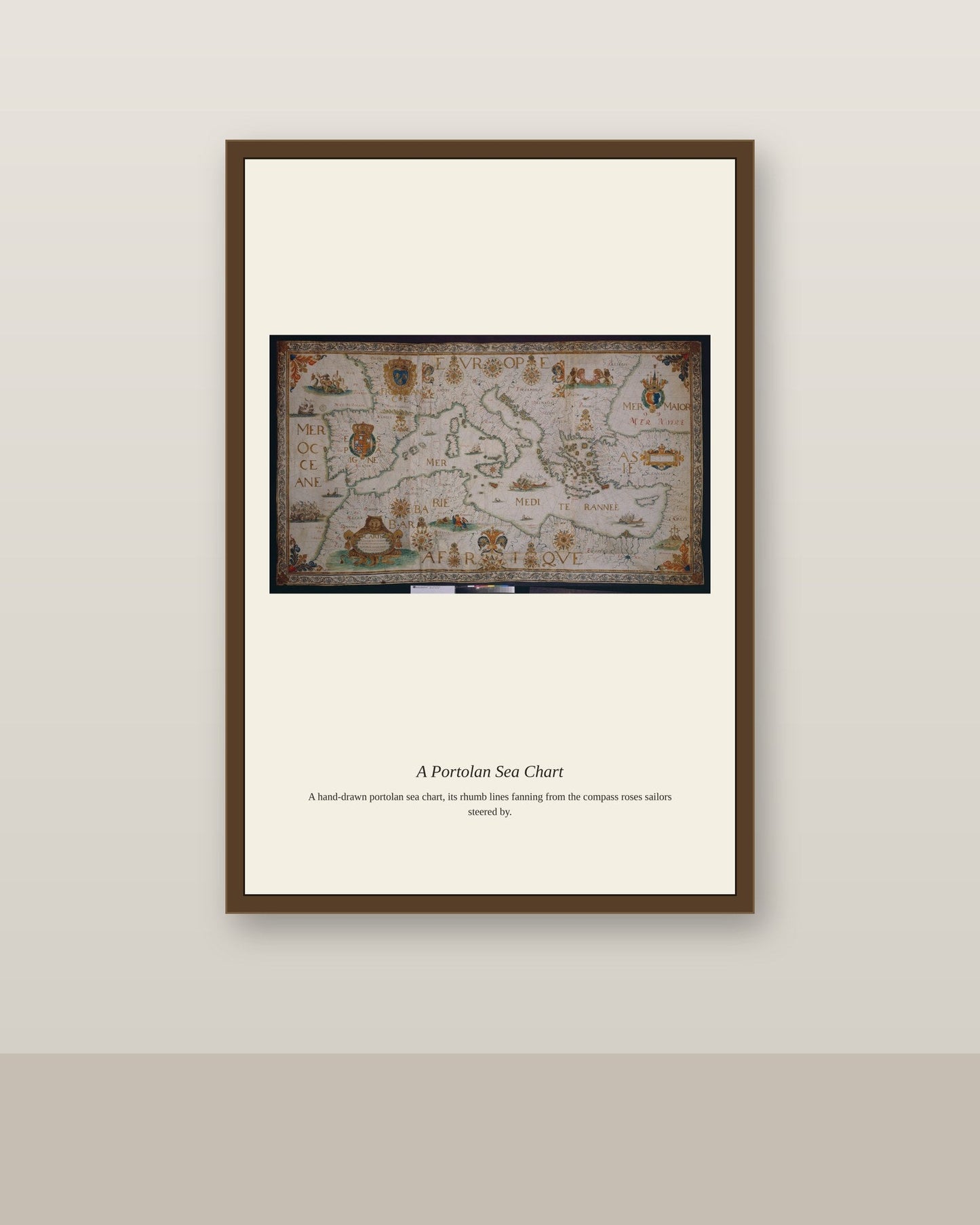Jean Francois Roussin. De la Mer Mediterranee antique art print shown framed on a wall in a styled room