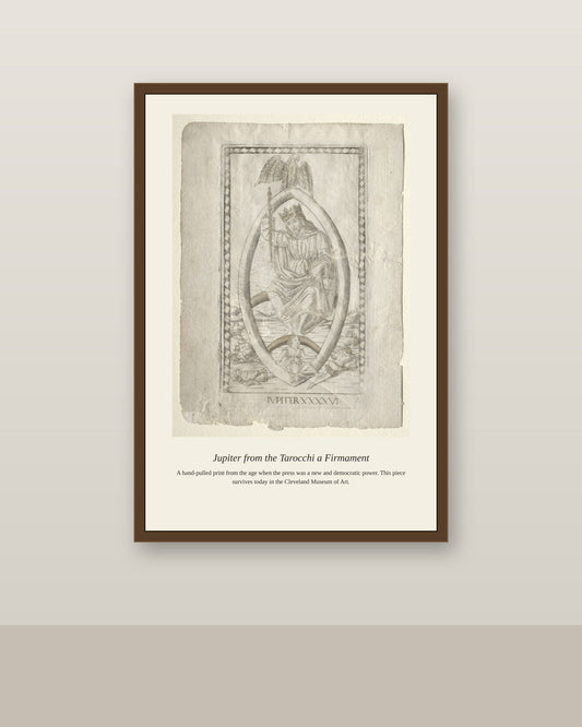 Jupiter, Mantegna Tarocchi antique celestial print shown framed on a wall in a styled room