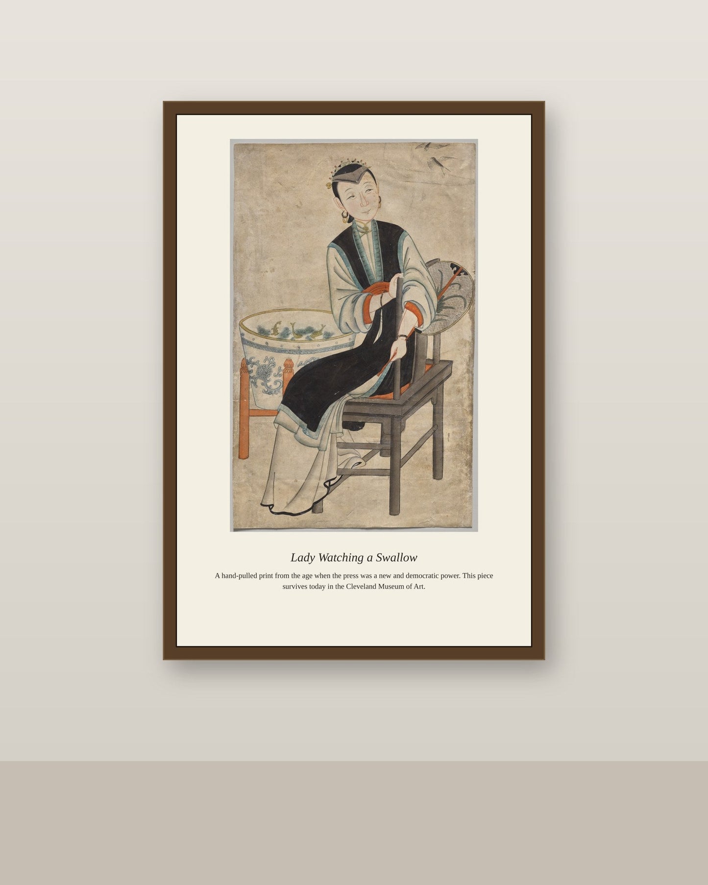 Lady Watching a Swallow antique portrait print shown framed on a wall in a styled room