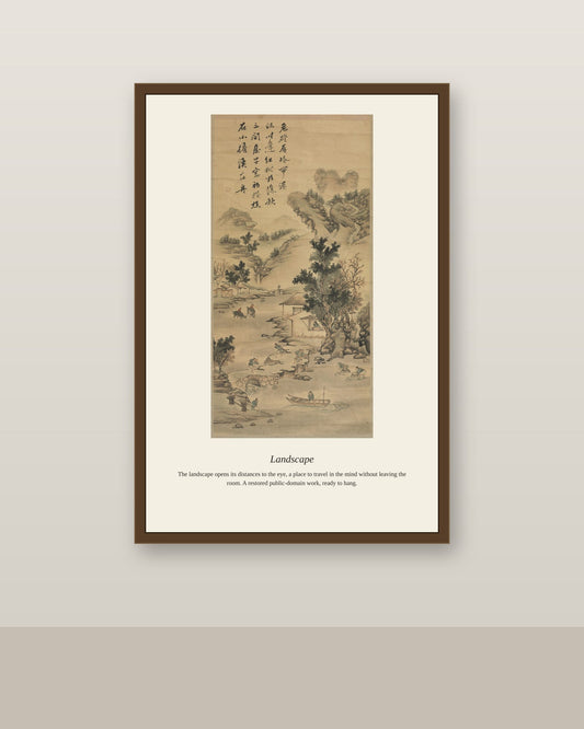 Landscape antique landscape print shown framed on a wall in a styled room