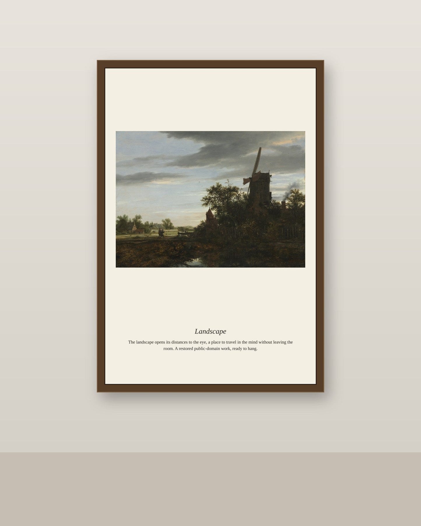 Landscape (10) antique landscape print shown framed on a wall in a styled room