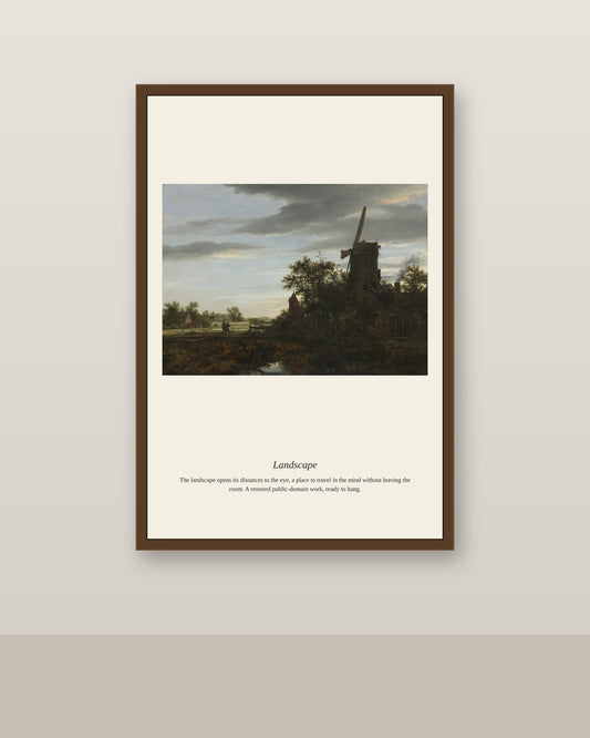 Landscape (10) antique landscape print shown framed on a wall in a styled room