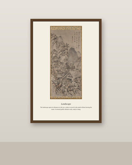 Landscape (2) antique landscape print shown framed on a wall in a styled room