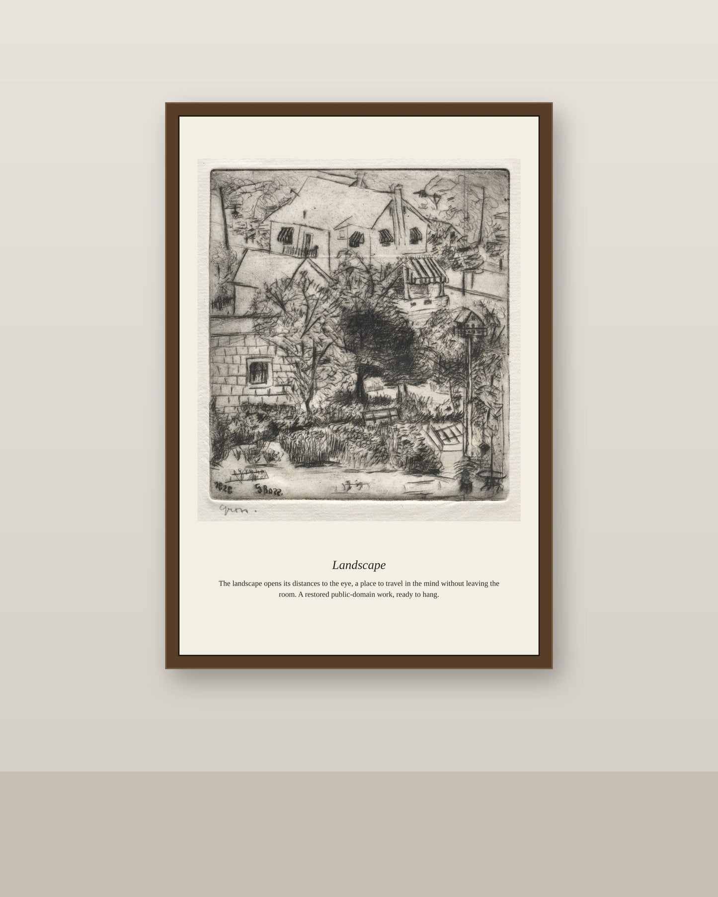 Landscape (3) antique landscape print shown framed on a wall in a styled room