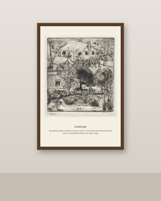 Landscape (3) antique landscape print shown framed on a wall in a styled room