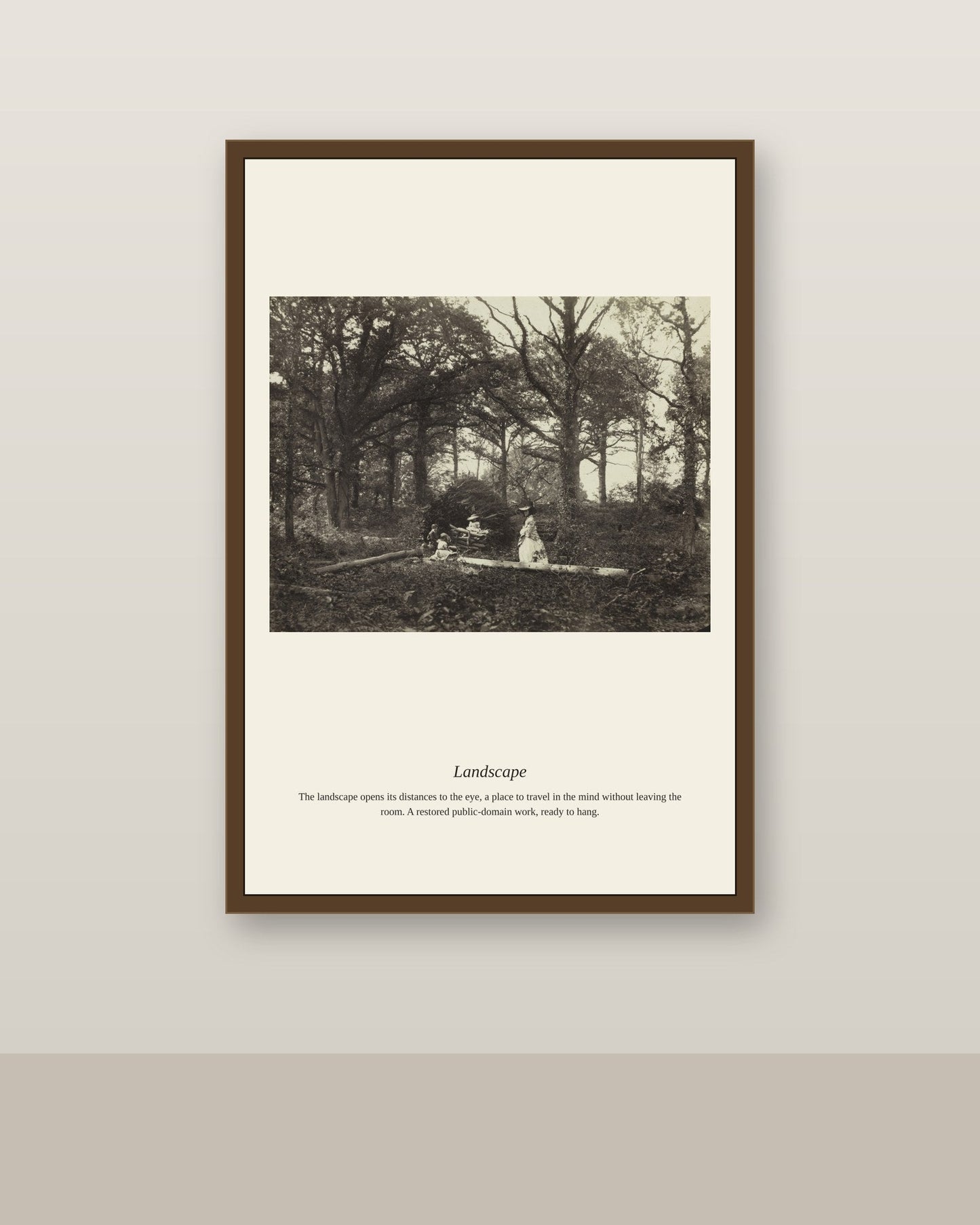 Landscape (5) antique landscape print shown framed on a wall in a styled room