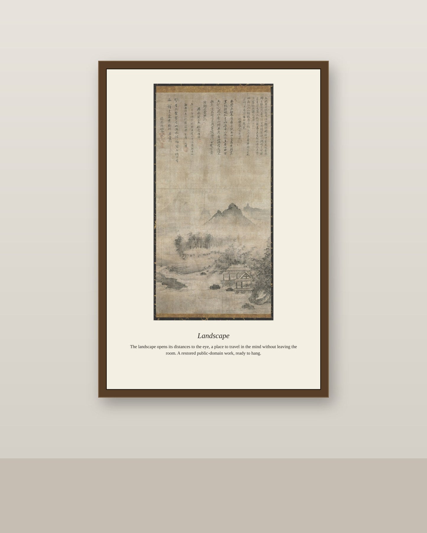 Landscape (6) antique landscape print shown framed on a wall in a styled room