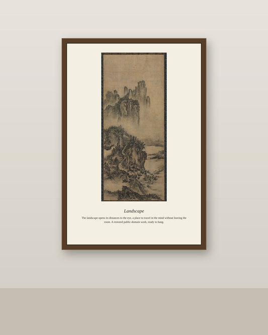 Landscape (8) antique landscape print shown framed on a wall in a styled room