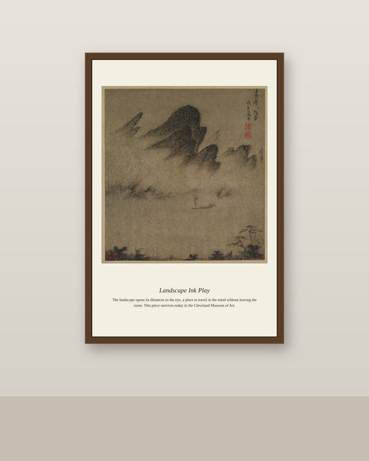 Landscape Ink Play antique landscape print shown framed on a wall in a styled room
