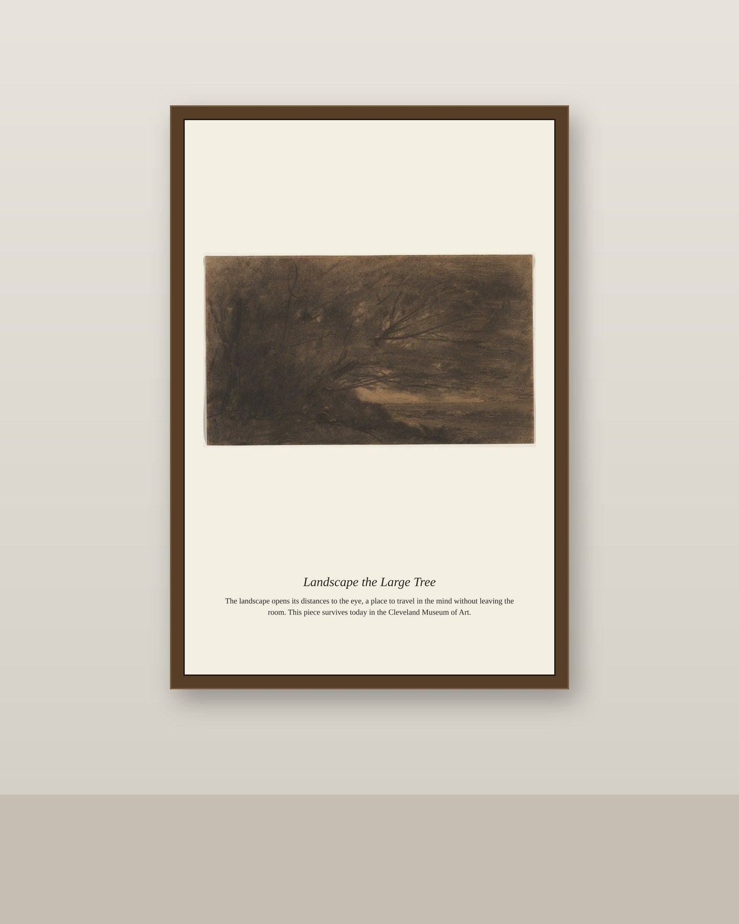 Landscape the Large Tree antique landscape print shown framed on a wall in a styled room