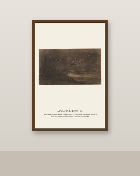 Landscape the Large Tree antique landscape print shown framed on a wall in a styled room