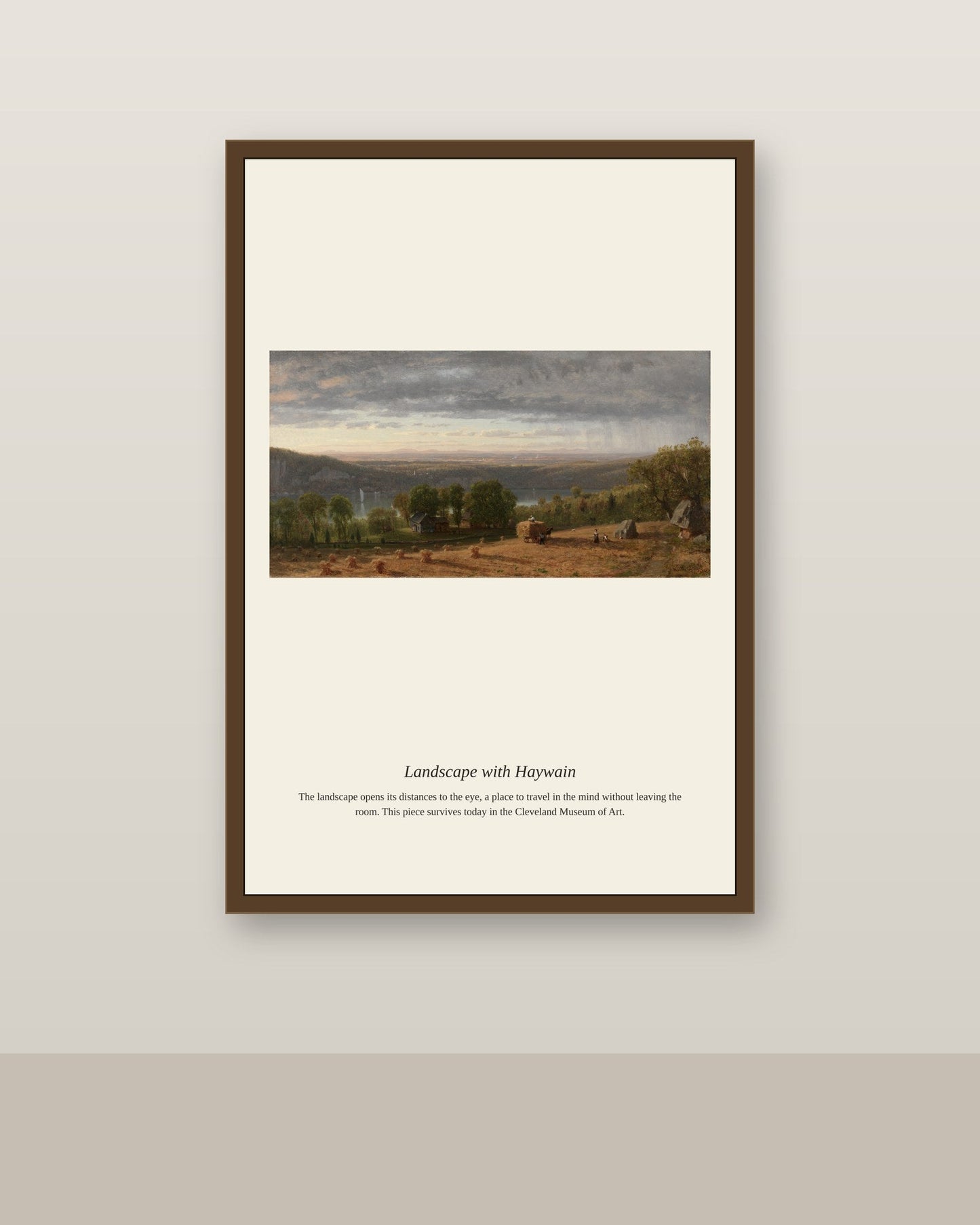 Landscape with Haywain antique landscape print shown framed on a wall in a styled room