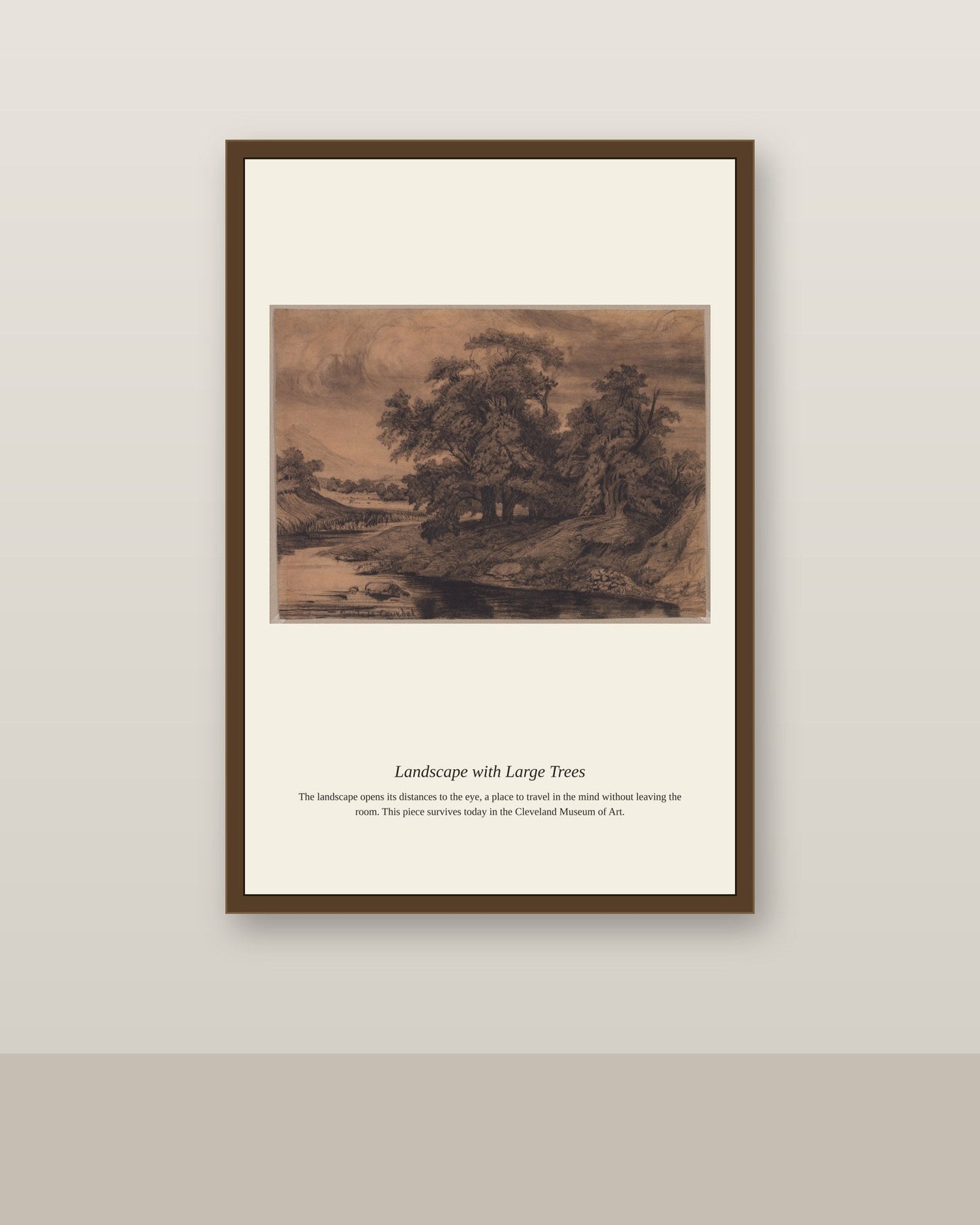 Landscape with Large Trees antique landscape print shown framed on a wall in a styled room