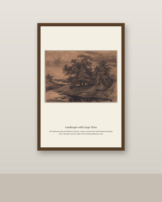 Landscape with Large Trees antique landscape print shown framed on a wall in a styled room