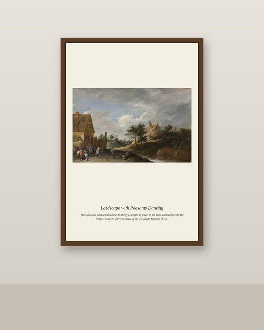 Landscape with Peasants Dancing antique landscape print shown framed on a wall in a styled room