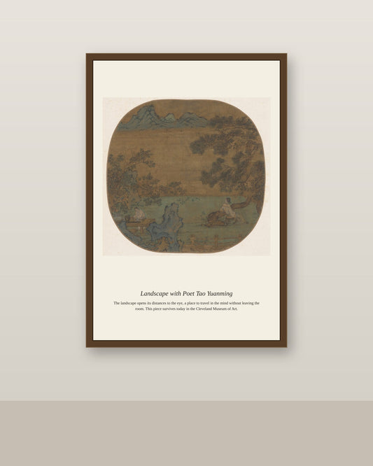 Landscape with Poet Tao Yuanming antique landscape print shown framed on a wall in a styled room