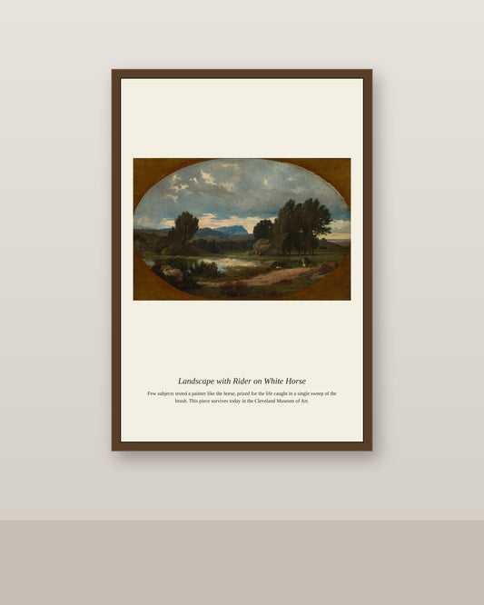 Landscape with Rider on White Horse antique natural history print shown framed on a wall in a styled room