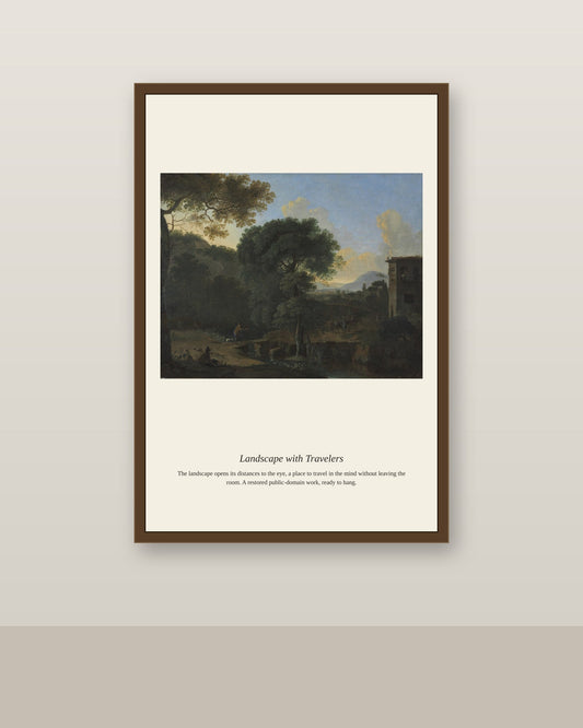 Landscape with Travelers (2) antique landscape print shown framed on a wall in a styled room