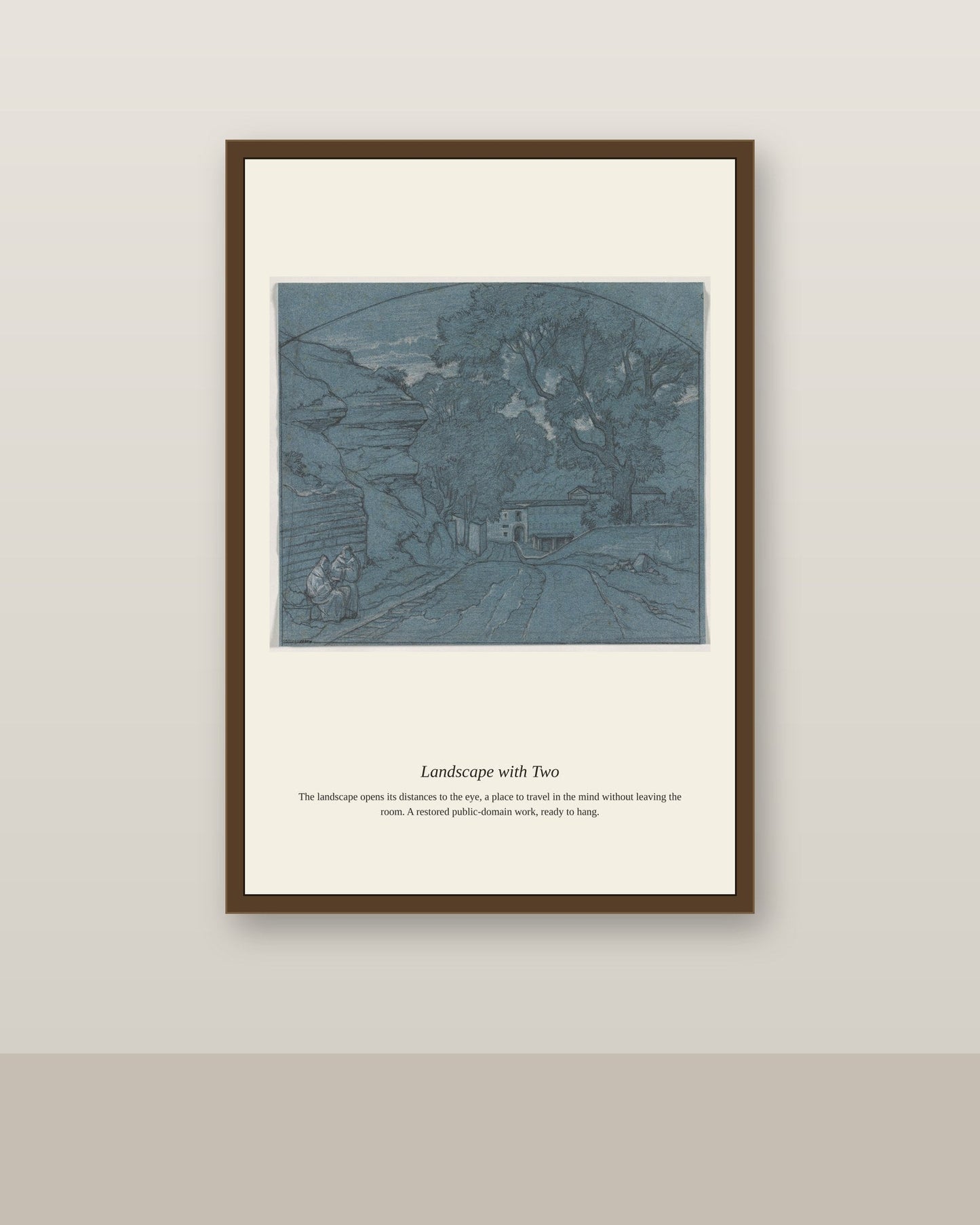 Landscape with Two (2) antique landscape print shown framed on a wall in a styled room