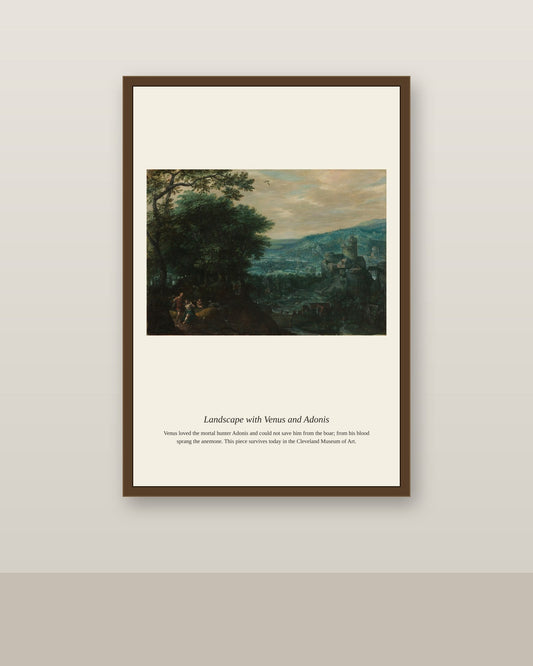 Landscape with Venus and Adonis antique mythological print shown framed on a wall in a styled room