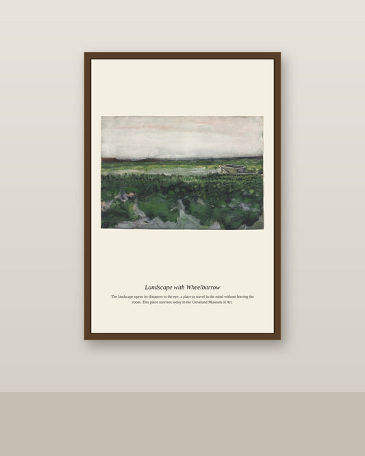 Landscape with Wheelbarrow antique landscape print shown framed on a wall in a styled room