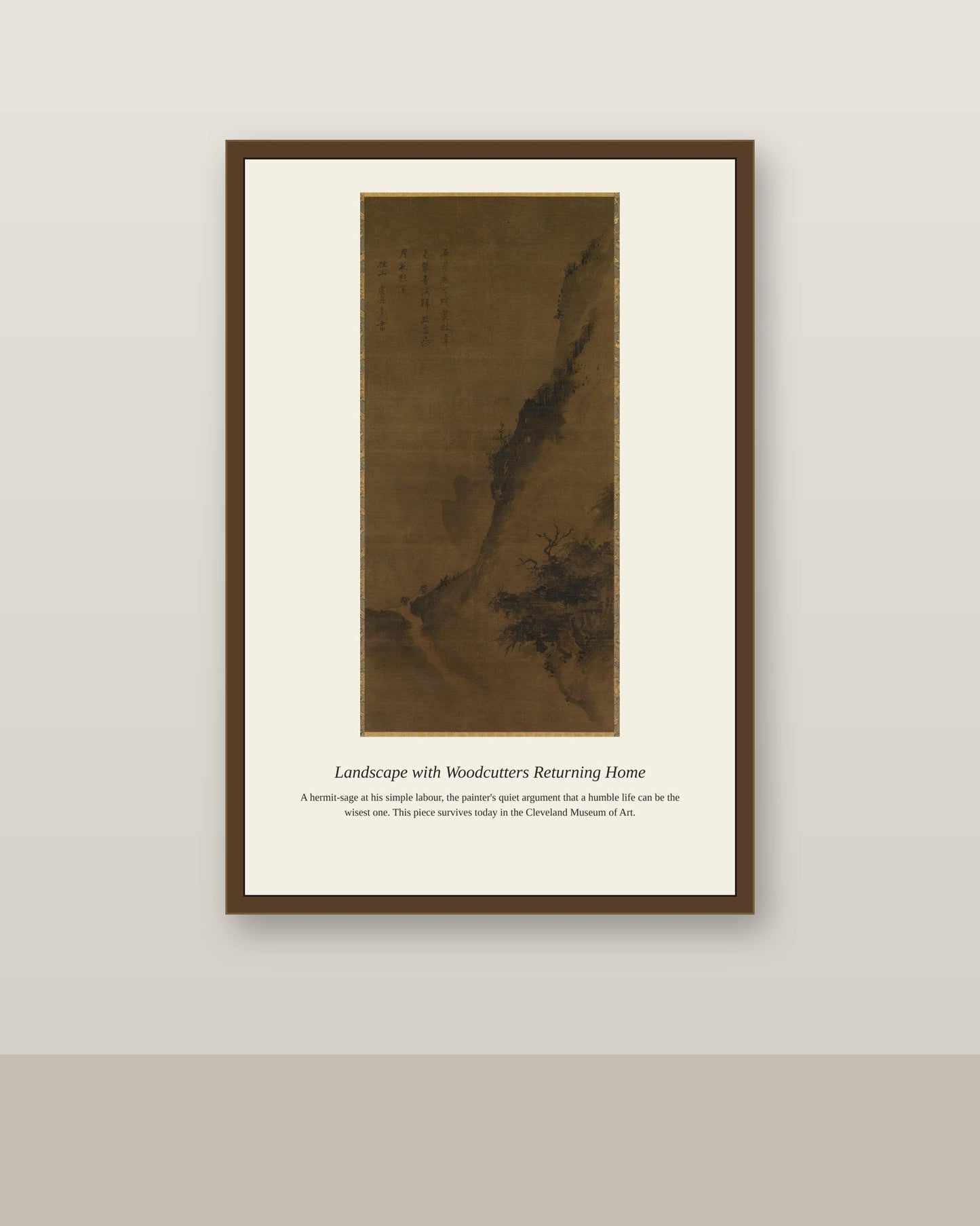 Landscape with Woodcutters Returning Home antique landscape print shown framed on a wall in a styled room